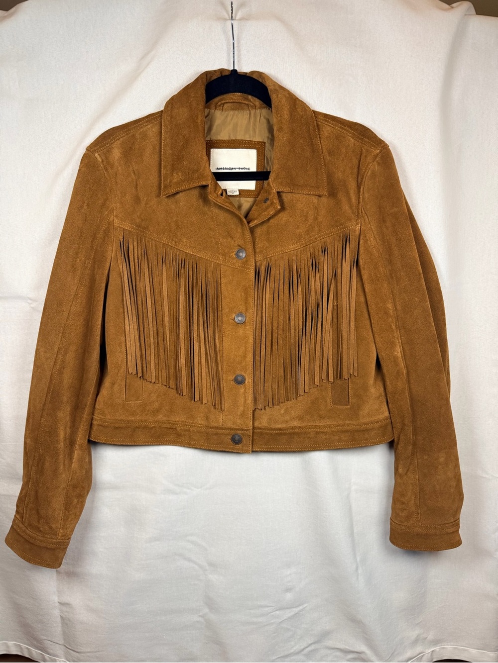 American Eagle Suede Fringe Jacket L Western Cowgirl Boho 70s Leather Trucker